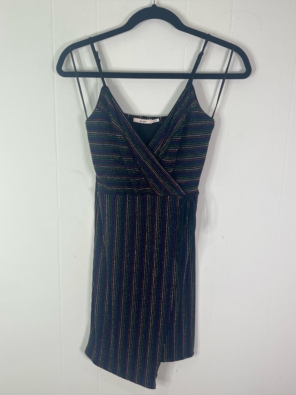 Mi Ami Francesca’s Metallic Rainbow Stripe Wrap Mini Dress XXS Black Asymmetrica